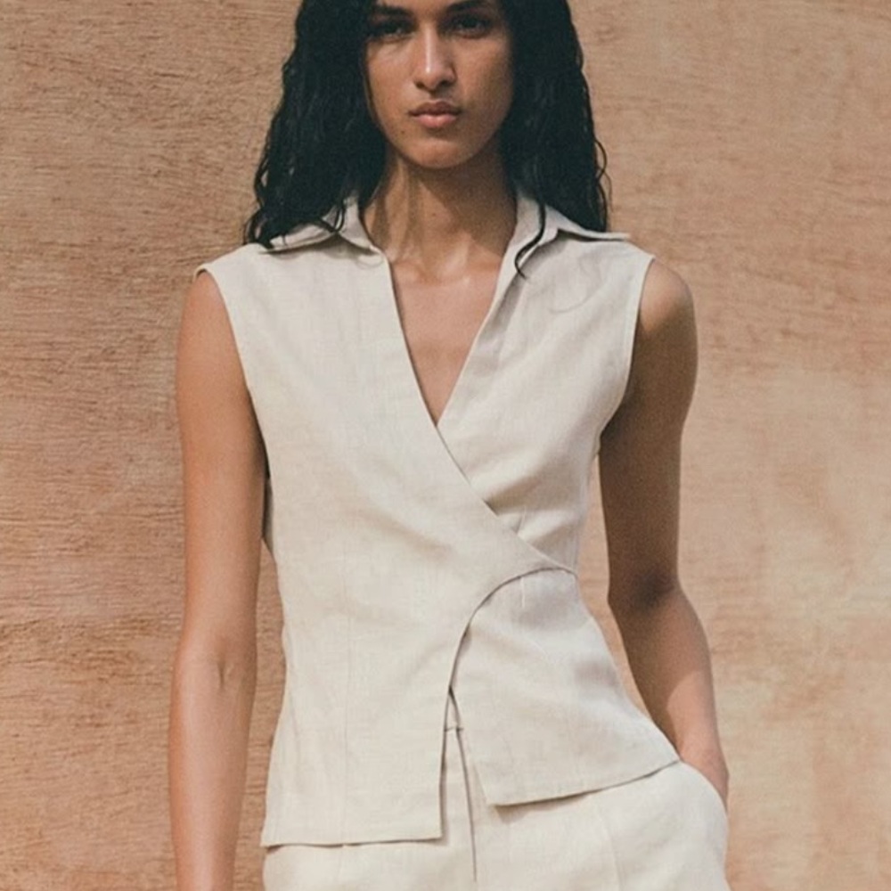 Faithfull the Brand Linen Top | Antibes Sleeveless Wrap Shirt in Sand